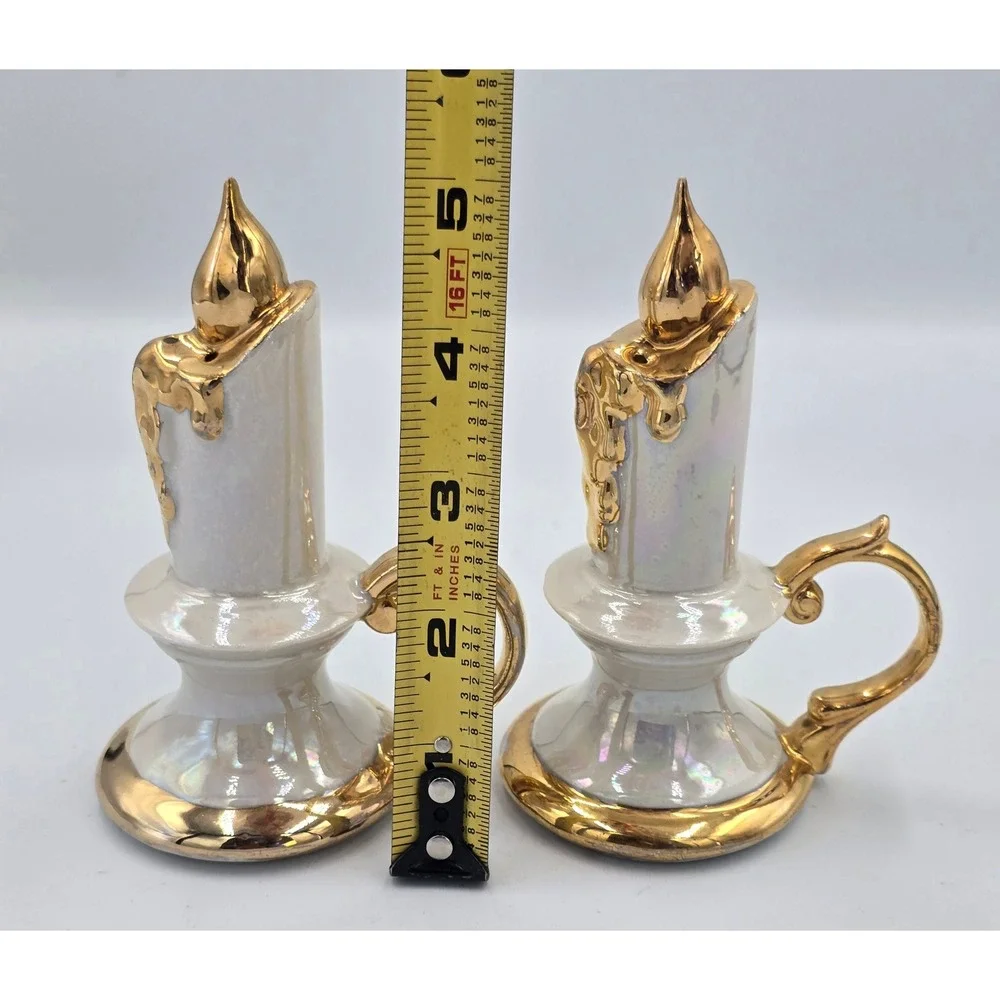 Vintage Ceramic Candle Shaped Salt & Pepper Shakers Gold Drip Accent Set of 2‎